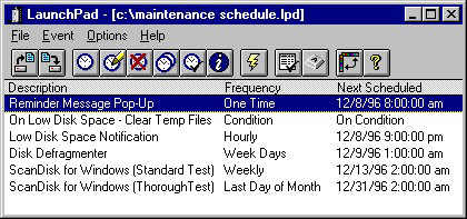 LaunchPad is a task scheduler for Windows. You can run those onerous, oft-put-off tasks after normal operating hours, like disk optimization, tape backups, daily reports, etc. Also has the ability to run task based on conditions such as file exist.